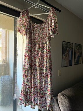 H&M Floral Midi Dress in White with Pink, Red, Yellow and Green Floral Print